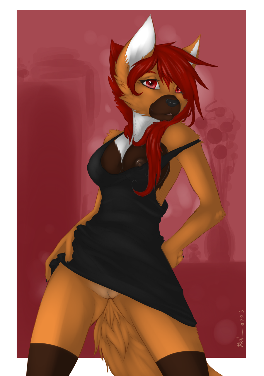 anthro areola bottomless breasts canine clothed clothing dress female front fur hair hair_covering_breasts half-dressed hand_on_hip long_hair looking_at_viewer mammal nipple_slip nipples orange_fur pinup pose pussy rach_verity rachverity red_eyes red_hair seductive solo standing without_panties yellow_fur