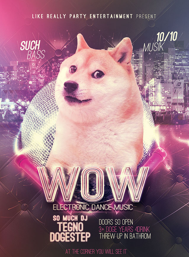 black_nose canine city club disco_ball dog doge english_text humor looking_at_viewer mammal meme nightclub poster real shiba_inu shibe text weapon