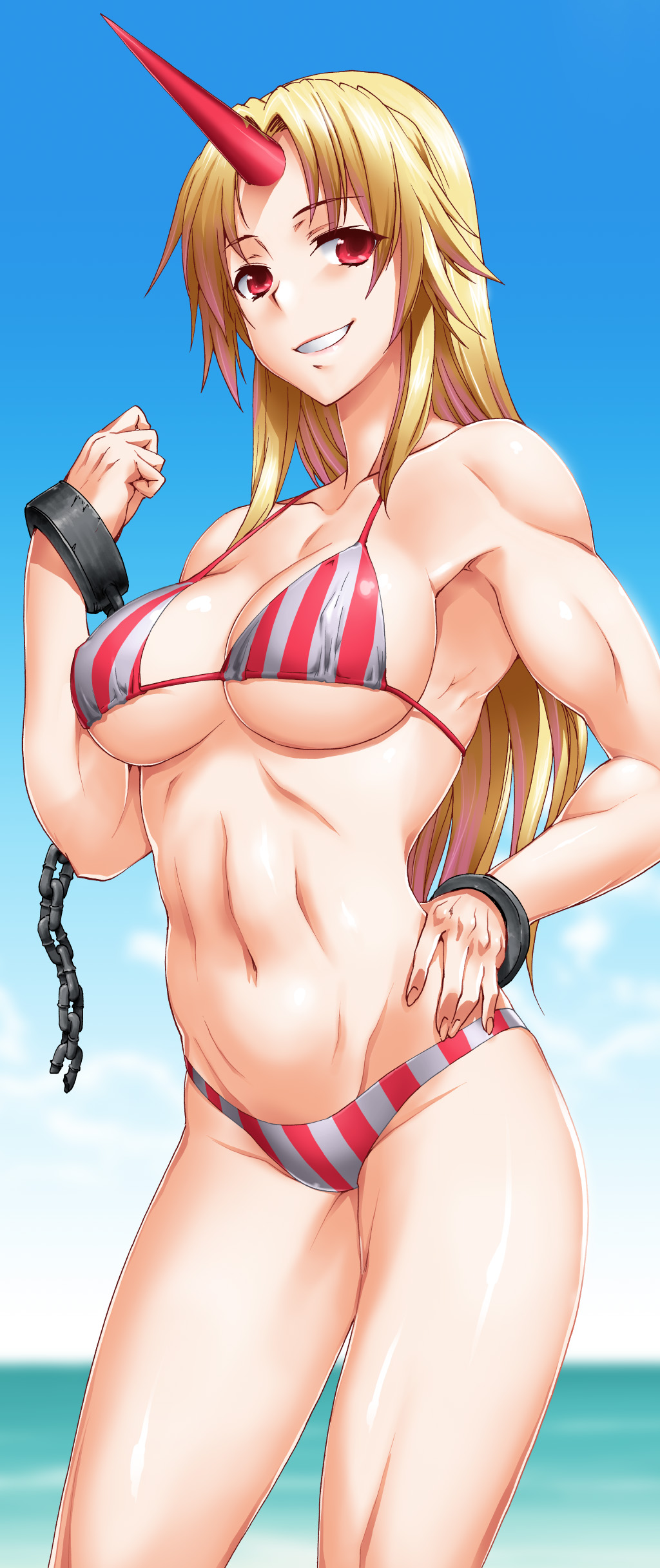 abs absurdres bare_shoulders bikini blonde_hair breasts byeontae_jagga chain covered_nipples cuffs day fingernails grin hand_on_hip highres horn hoshiguma_yuugi large_breasts long_hair looking_at_viewer muscle muscular_female navel red_eyes shackles smile solo standing striped striped_bikini swimsuit touhou underboob