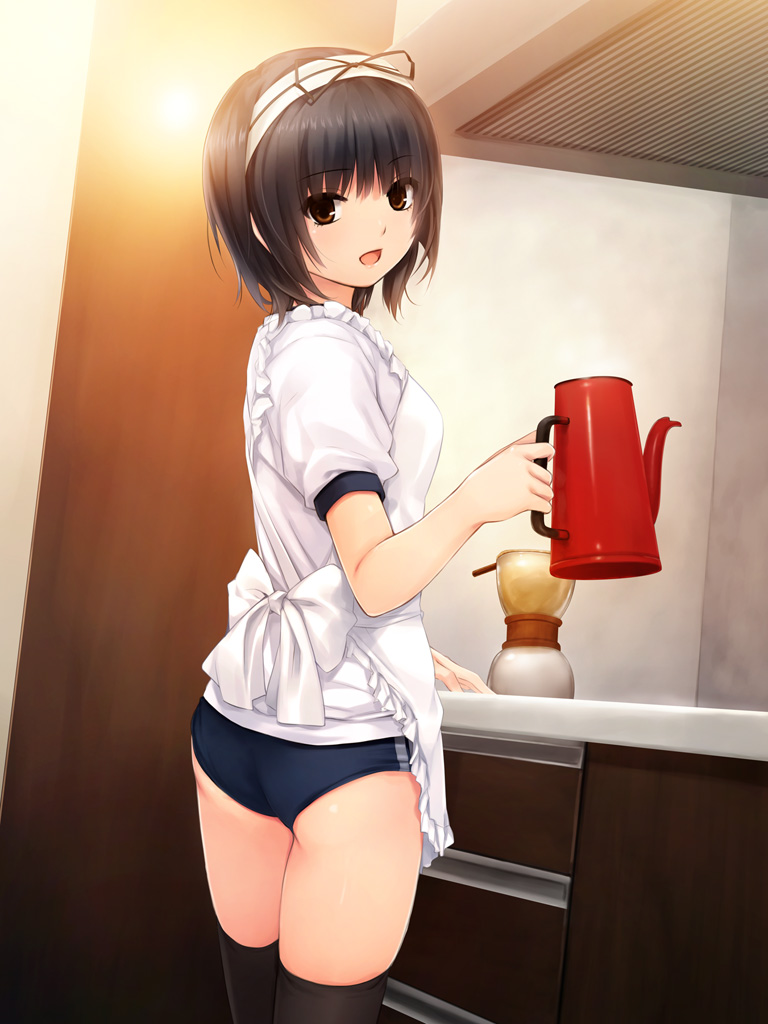 :d aoyama_sumika apron bangs black_hair black_legwear brown_eyes buruma coffee-kizoku cowboy_shot eyebrows_visible_through_hair gym_uniform hairband holding indoors kettle kitchen looking_at_viewer looking_back open_mouth original short_hair short_sleeves smile solo thighhighs