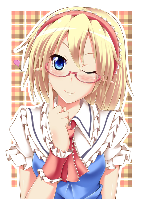 alice_margatroid bespectacled blonde_hair blue_dress blue_eyes blush capelet dress glasses hairband heart ikue_fuuji looking_at_viewer one_eye_closed red-framed_eyewear smile solo touhou wrist_cuffs