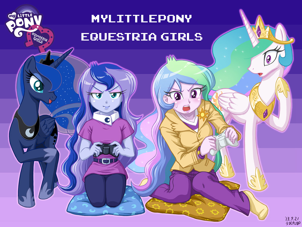 blue_eyes blue_hair clothing controller crown cutie_mark equestria_girls equine female friendship_is_magic gold group hair horse human kneeling mammal microsoft multi-colored_hair my_little_pony necklace neckllace pillow pony princess_celestia_(eg) princess_celestia_(mlp) princess_celetaia_(mlp) princess_luna_(eg) princess_luna_(mlp) purple_eyes sparkles sweat two_tone_hair uotapo xbox xbox360