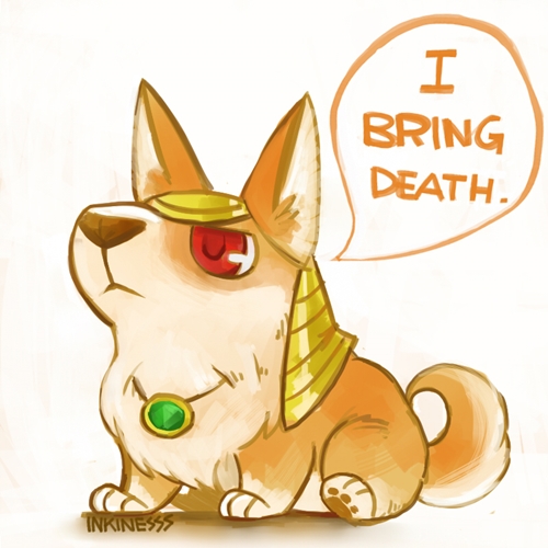 corgi cute dialog dog english_text feral gem hat headdress inkinesss jewelry league_of_legends lol_comments mammal nasus pendant red_eyes solo speech_bubbles text