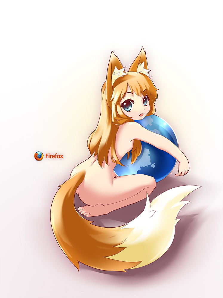 animal_ears begonia blonde_hair blue_eyes firefox fox_ears fox_tail long_hair looking_at_viewer nude personification solo tail
