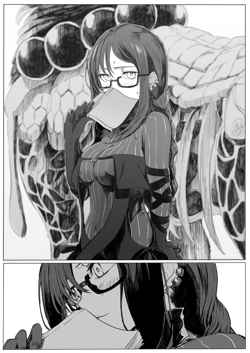 1girl bangs black-framed_eyewear blush book braid breasts center_opening consort_yu_(fate) covered_navel covering_mouth dress earrings fate/grand_order fate_(series) glasses gloves hair_over_one_eye highres jewelry long_braid long_hair looking_at_viewer monochrome sidelocks single_braid striped sweatdrop syatey vertical_stripes xiang_yu_(fate/grand_order)