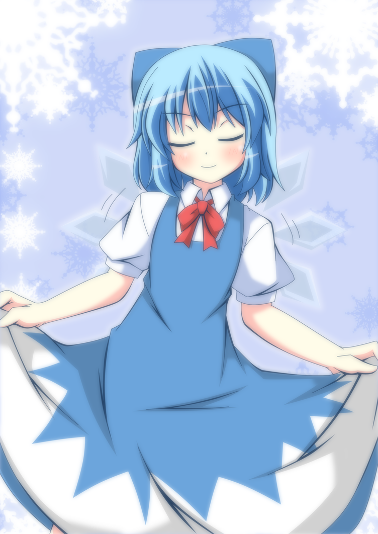 blue_dress blue_hair blue_sky blush bow cirno closed_eyes curtsey dress hair_bow ice ice_wings masiromu puffy_sleeves shirt short_sleeves sky smile solo touhou wings