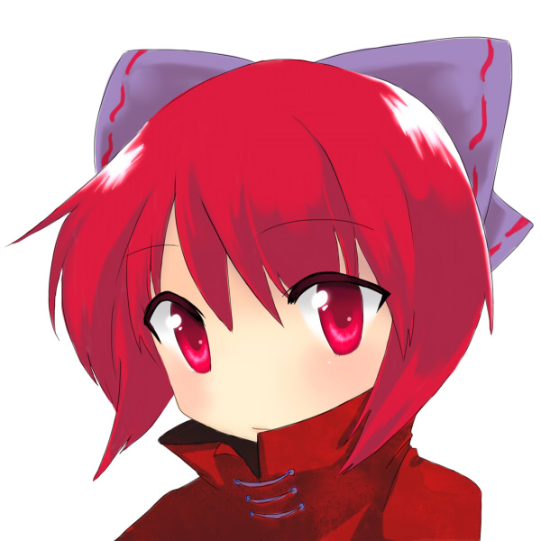 bad_id bad_pixiv_id bow cape expressionless hair_bow high_collar looking_at_viewer pokopoiyo red_eyes red_hair sekibanki short_hair simple_background solo touhou upper_body white_background