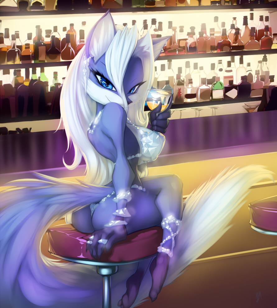 bar beverage bikini blue_eyes blue_fur breasts butt canine diamond drink female fluffy_tail fox fur hair ice jewelry katrin lingerie looking_at_viewer mammal solo swimsuit thefuckingdevil white_hair
