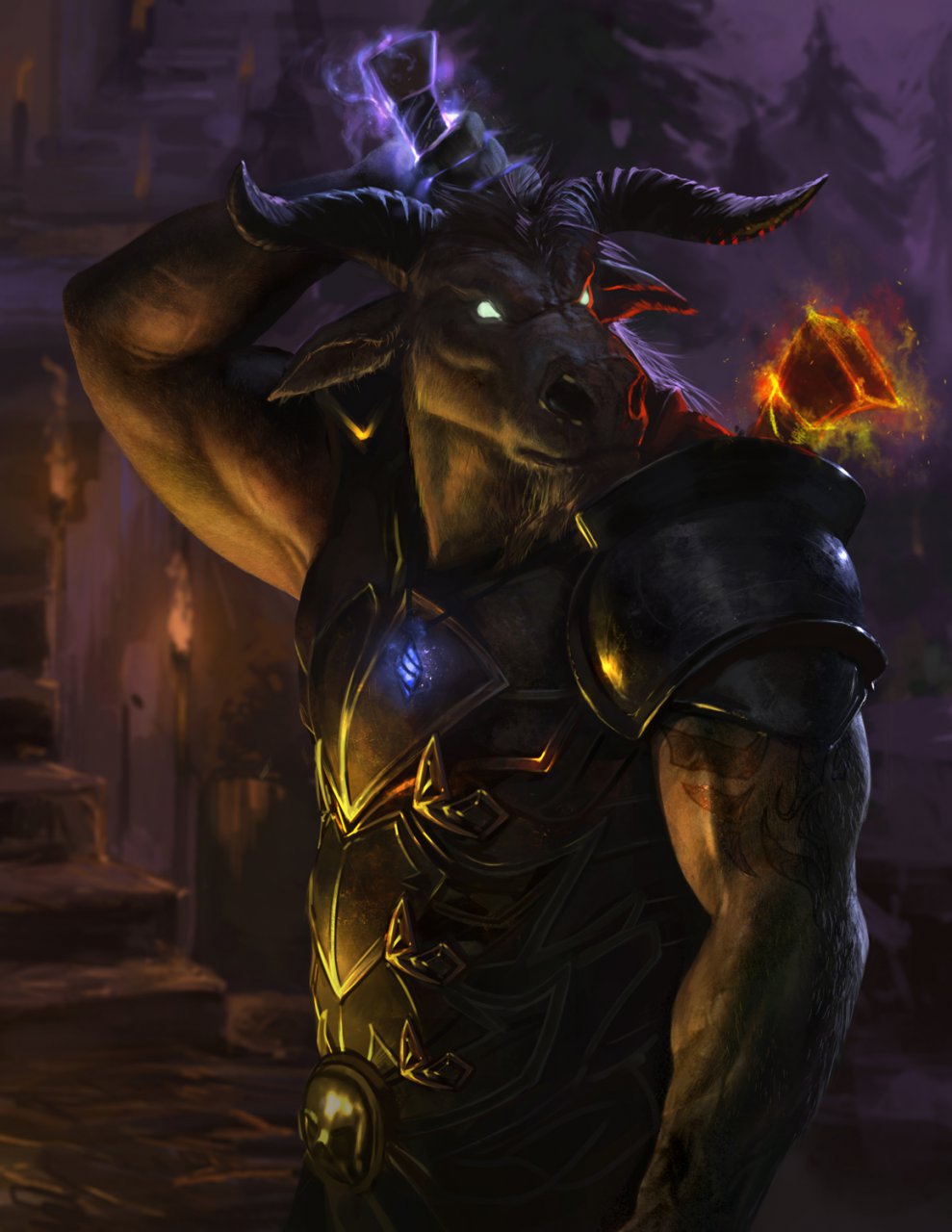 arm_behind_head armor biceps big_muscles brown_fur bust detailed fire flexing fur glowing glowing_eyes hair horn loculi magic male minotaur muscles necklace night nostrils pendant pose sky solo stairs standing tattoo toned vein warrior weapon white_eyes