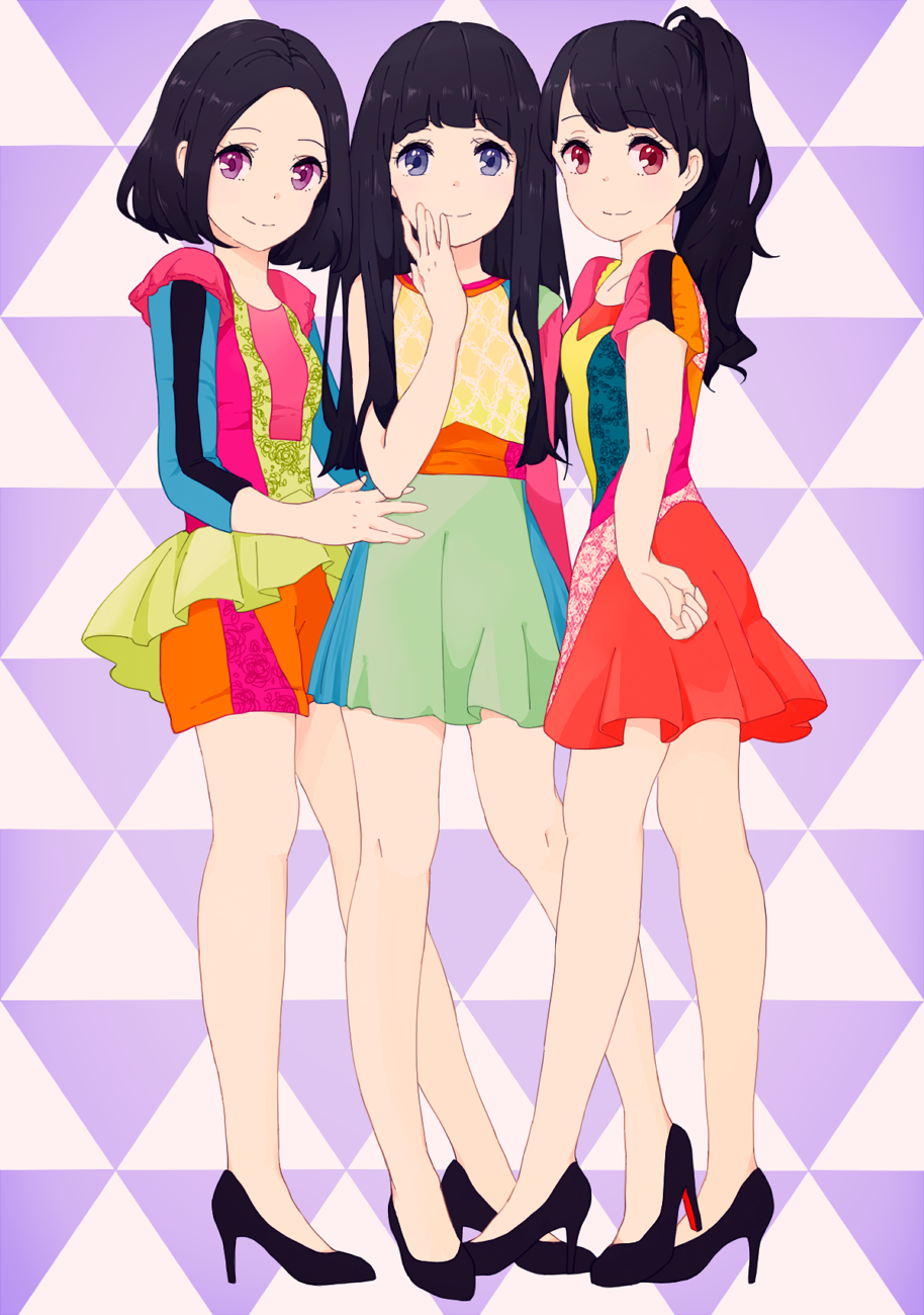 asymmetrical_clothes a~chan bangs bare_legs black_hair blue_eyes blunt_bangs bob_cut dress floral_print full_body hand_on_another's_hip hand_on_hip hand_on_own_face high_heels highres kashiyuka kise_(swimmt) long_hair looking_at_viewer multiple_girls nocchi_(perfume) perfume ponytail purple_eyes red_eyes shoes short_hair short_sleeves simple_background skirt smile standing triangle