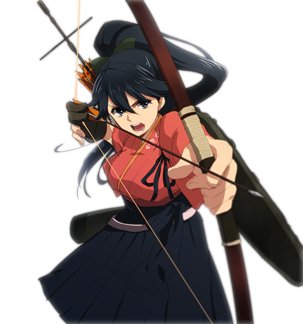aiming arrow black_hair bloom blurry bow bow_(weapon) depth_of_field drawing_bow foreshortening gloves hair_bow holding holding_arrow holding_bow_(weapon) holding_weapon houshou_(kantai_collection) japanese_clothes kantai_collection long_hair open_mouth outstretched_arm partly_fingerless_gloves ponytail single_glove solo tukno weapon white_background yugake