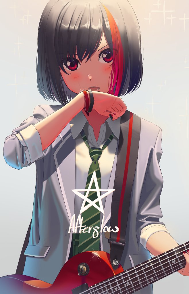 afterglow_(bang_dream!) bang_dream! bangs black_hair blush bracelet collared_shirt commentary_request electric_guitar glint green_neckwear grey_background grey_jacket guitar hand_up holding holding_instrument instrument jacket jewelry looking_at_viewer mitake_ran multicolored_hair necktie open_clothes open_jacket open_mouth pentagram plectrum poligon_(046) red_eyes shirt short_hair solo streaked_hair upper_body wing_collar