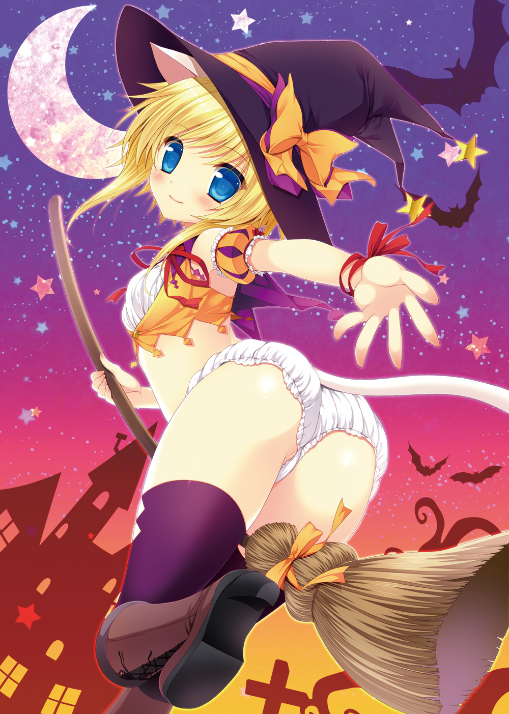 animal_ears ass bad_id bad_pixiv_id blonde_hair blue_eyes boots broom broom_riding cat_ears cat_tail crescent_moon halloween hat highres long_hair minatsuki_alumi moon original outstretched_arm purple_legwear sky solo star star_(sky) starry_moon starry_sky tail thighhighs witch_hat