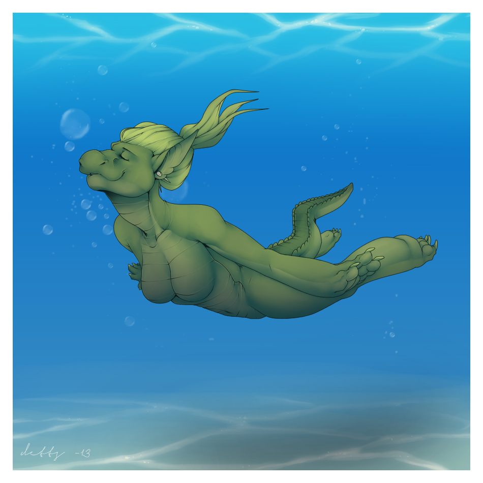 4_toes 5_fingers alliy blue_background breasts bubbles claws crocodile detts eyes_closed female green_hair green_skin hair nude piercing plain_background reptile scalie sea swimming underwater water