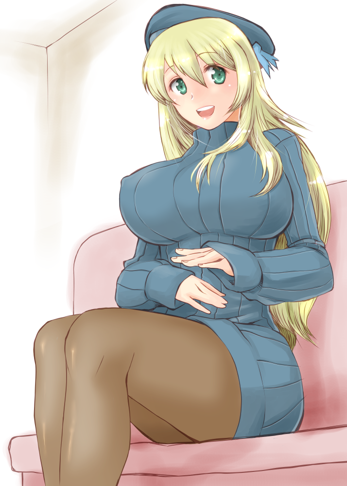 alternate_costume atago_(kantai_collection) blonde_hair breasts brown_legwear couch covered_nipples green_eyes hat kantai_collection large_breasts long_hair minato_(leap-up) open_mouth pantyhose ribbed_sweater sitting smile solo sweater