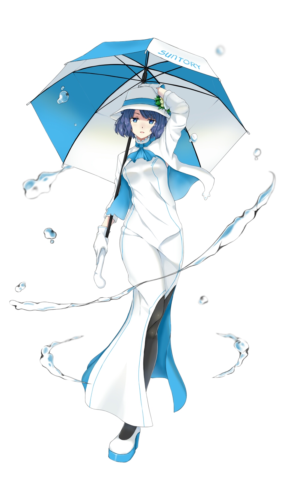 1girl as4gi black_legwear blue_eyes blue_hair blurry capelet commentary dress flower full_body gloves hat hat_flower highres logo looking_at_viewer open_mouth parasol platform_footwear short_hair solo suntory suntory_nomu umbrella virtual_youtuber water white_background white_dress white_gloves white_hat