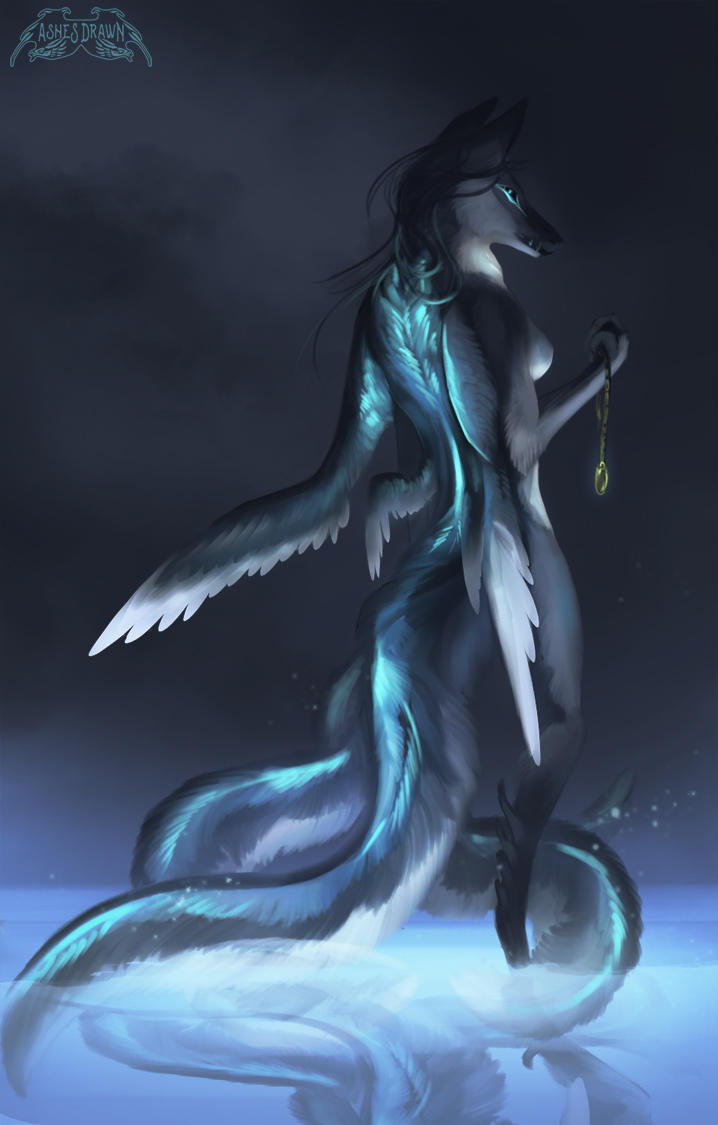2018 anthro ashesdrawn black_hair canine digital_media_(artwork) fantasy feathered_wings feathers female hair hybrid mammal partially_submerged solo standing water wings wolf