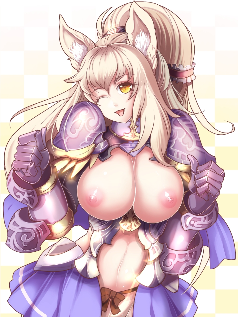1girl animal_ears armor blonde_hair breastless_clothes breasts breasts_outside cat_ears female looking_at_viewer nipples open_mouth smile solo standing taka_(sanoujo358) wink