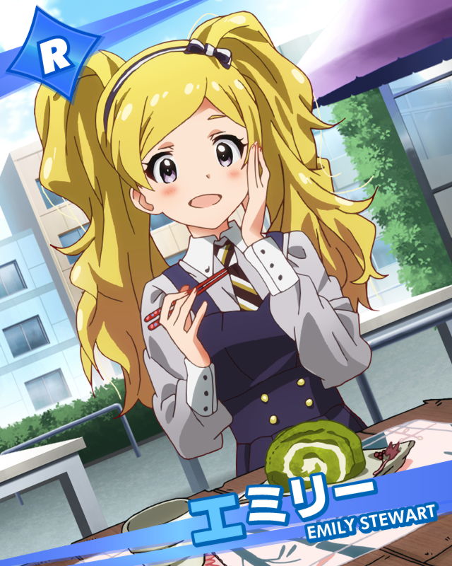 artist_request blonde_hair blush character_name chopsticks dutch_angle eating emily_stewart food hairband hand_on_own_face idolmaster idolmaster_million_live! long_hair official_art purple_eyes solo star twintails