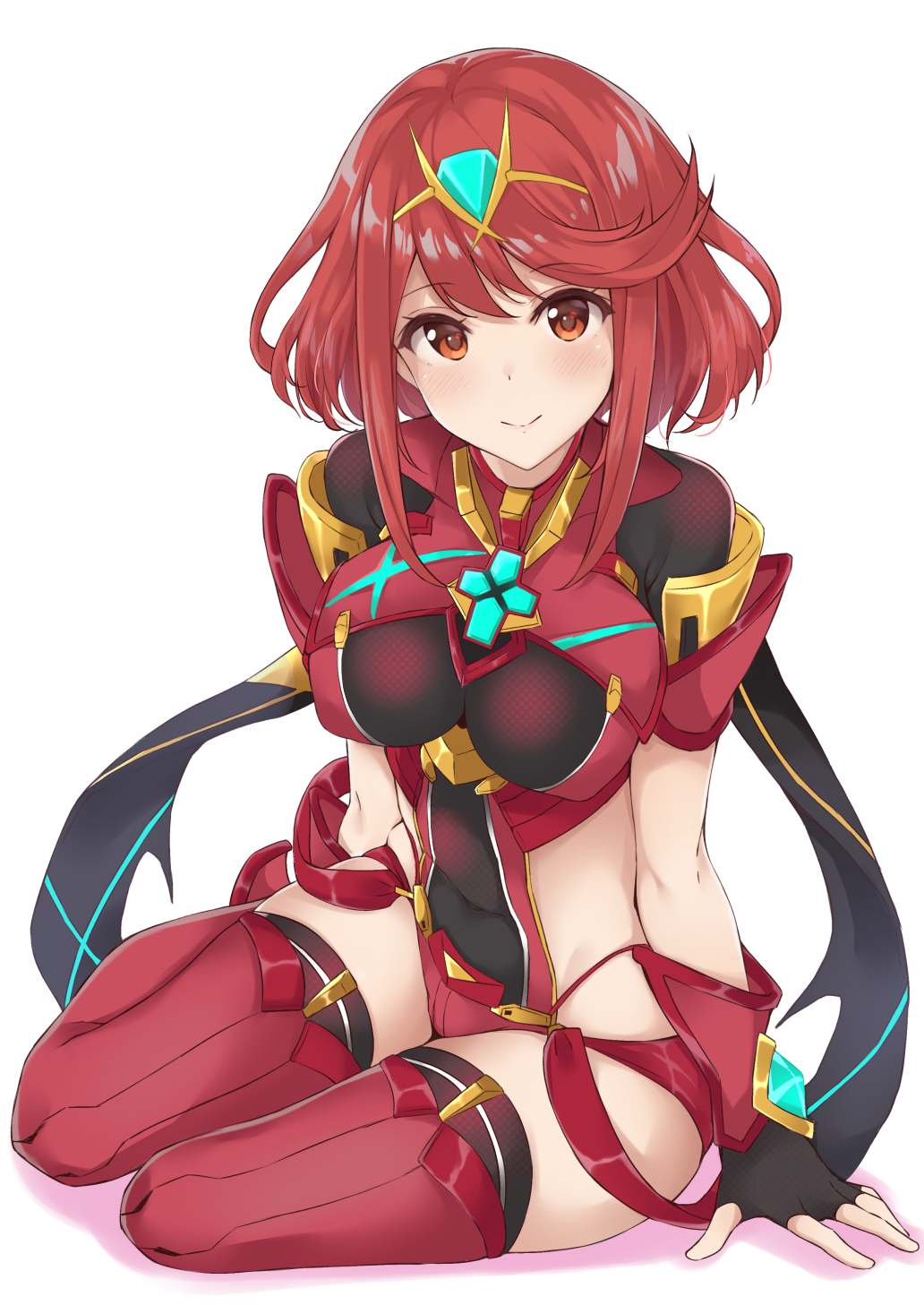 1girl arm_support bangs black_gloves blush breasts closed_mouth commentary_request covered_navel eyebrows_visible_through_hair fingerless_gloves full_body gloves highres homura_(xenoblade_2) impossible_clothes large_breasts looking_at_viewer midriff nintendo orange_eyes red_hair red_legwear red_shorts short_hair short_shorts shorts shoulder_armor sidelocks sitting skindentation smile solo swept_bangs tetora_(yumejihuka) thighhighs tiara wrist_guards xenoblade_(series) xenoblade_2 yokozuwari