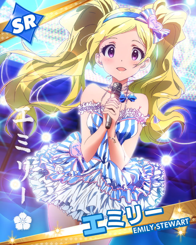 artist_request blonde_hair character_name character_signature dress earrings emily_stewart hairband idolmaster idolmaster_million_live! jewelry long_hair looking_at_viewer microphone necklace official_art purple_eyes skirt smile stage twintails