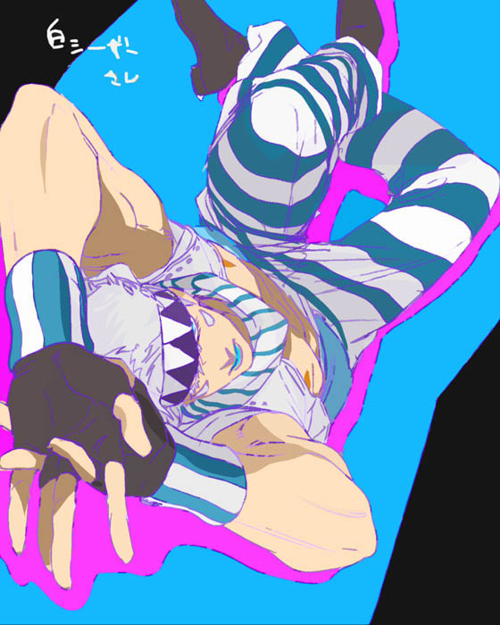 caesar_anthonio_zeppeli chaashuu facial_mark feathers fingerless_gloves gloves green_eyes hair_feathers headband jojo_no_kimyou_na_bouken lipstick makeup male_focus midriff pants scarf solo striped striped_pants translated vest white_hair