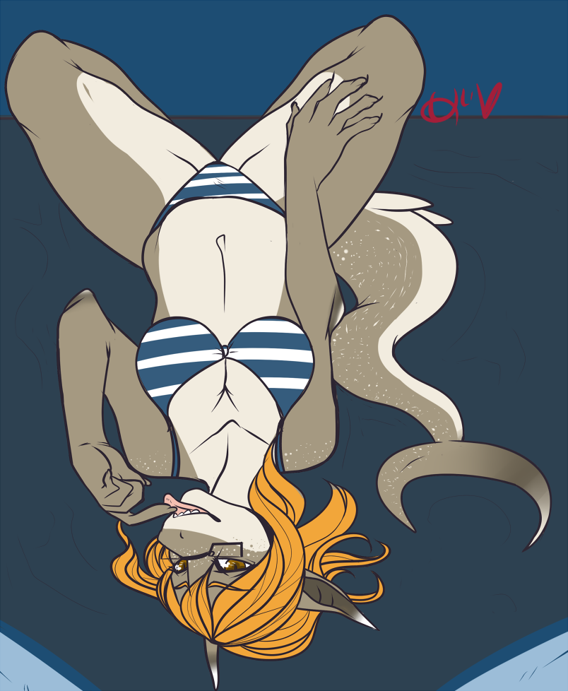 bikini blonde_hair clothed clothing eyewear female fish freckles glasses hair licking long_hair looking_at_viewer marine mei5683 pinup pose shark skimpy solo swimsuit tongue tongue_out upside_down