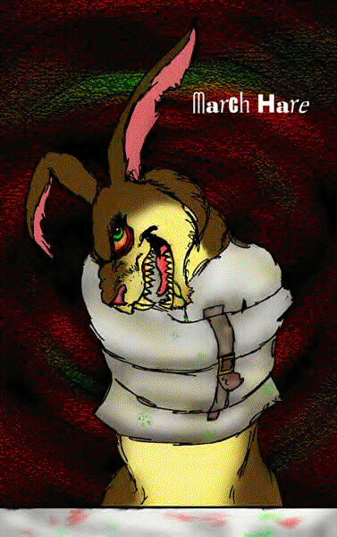 brown_fur fangs fur green_eyes lagomorph mammal march_hare notched_ear rabbit smile solo straight_jacket straitjacket yellow_fur