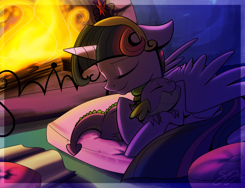 book crown dragon duo equine eyes_closed famosity fangs female fire fireplace friendship_is_magic gold gun hair horn horse lying male mammal multi-colored_hair my_little_pony pillow pony purple_hair ranged_weapon spike_(mlp) twilight_sparkle_(mlp) weapon winged_unicorn wings wood