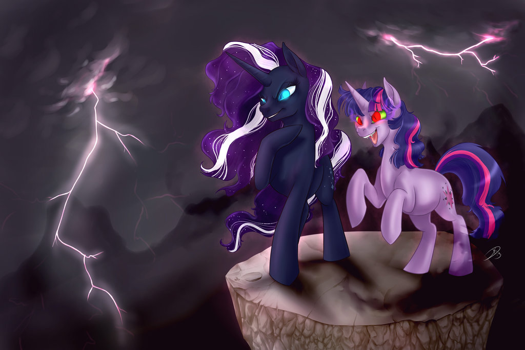 bigger_version_at_the_source cat_eyes cliff cloud clouds cutie_mark duo equine eyeshadow fangs female feral friendship_is_magic fur green_eyes hair horn horse lighting lightning long_hair makeup mammal multi-colored_hair my_little_pony nightmare_rarity_(mlp) open_mouth outside pony purple_hair rarity_(mlp) red_eyes shadow sky slit_pupils smile storm teeth tongue twilight_sparkle_(mlp) two_tone_hair tzelly-el unicorn