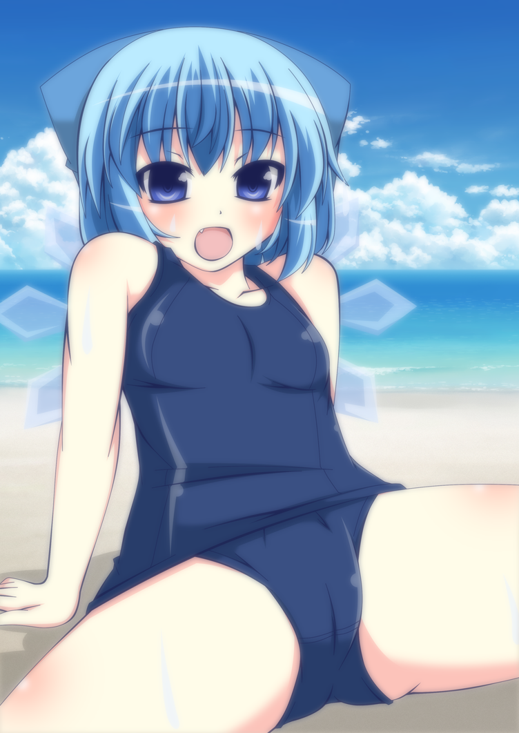 beach blue_eyes blue_hair blue_sky bow cameltoe cirno cloud collarbone day fang hair_bow ice ice_wings masiromu ocean one-piece_swimsuit open_mouth outdoors school_swimsuit sitting sky solo spread_legs swimsuit touhou wet wings