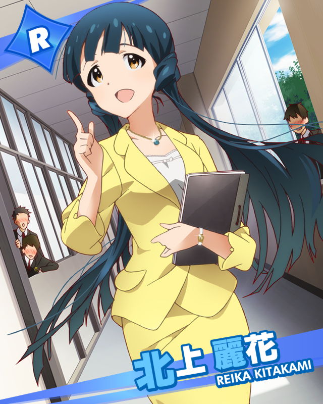 3boys artist_request blue_hair blush book brown_eyes character_name formal idolmaster idolmaster_million_live! jacket jewelry kitakami_reika long_hair multiple_boys necklace official_art pencil_skirt pointing pointing_up skirt skirt_suit suit teacher twintails watch