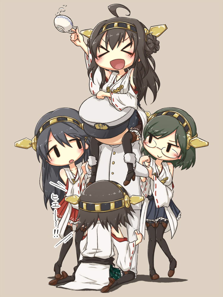 4girls admiral_(kantai_collection) black_hair brown_hair carrying detached_sleeves glasses hairband haruna_(kantai_collection) hat hiei_(kantai_collection) implied_fellatio japanese_clothes kantai_collection kirishima_(kantai_collection) kongou_(kantai_collection) long_hair military military_uniform multiple_girls nontraditional_miko pantyhose plaid puton sexually_suggestive short_hair shoulder_carry thighhighs translated uniform