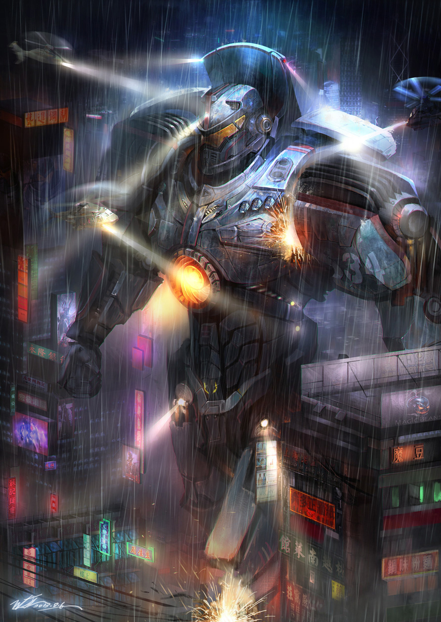 bank_of_china_tower building city damaged gipsy_danger helicopter highres hong_kong junling light mecha no_humans pacific_rim rain realistic science_fiction signature super_robot
