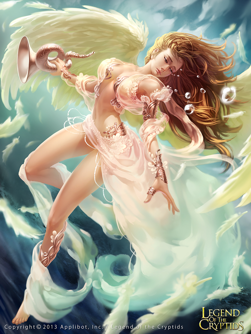 above_clouds angel_wings aqua_skirt armlet barefoot blonde_hair blurry bracer breasts copyright copyright_name crying crying_with_eyes_open depth_of_field expressionless feathers flying gradient_skirt half-closed_eyes highres horn_(instrument) instrument jewelry legend_of_the_cryptids legs long_hair long_skirt looking_down looking_to_the_side medium_breasts nose open_hand pink_lips pink_shawl pink_skirt revealing_clothes ring sad shawl shiny shiny_hair shiny_skin skirt solo tears thighs toes toned white_feathers white_wings wind wings zhang_wei_yi
