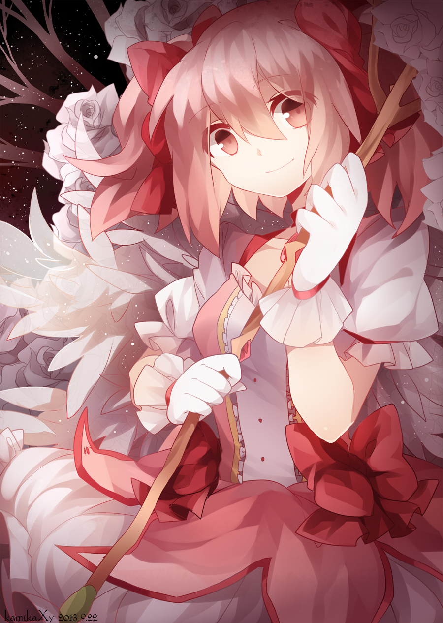 2013 bad_id bad_pixiv_id bow dated flower gloves hair_bow highres kaname_madoka looking_at_viewer magical_girl mahou_shoujo_madoka_magica pink_eyes pink_hair rose short_hair shouen_kigashi smile solo twintails white_gloves wings
