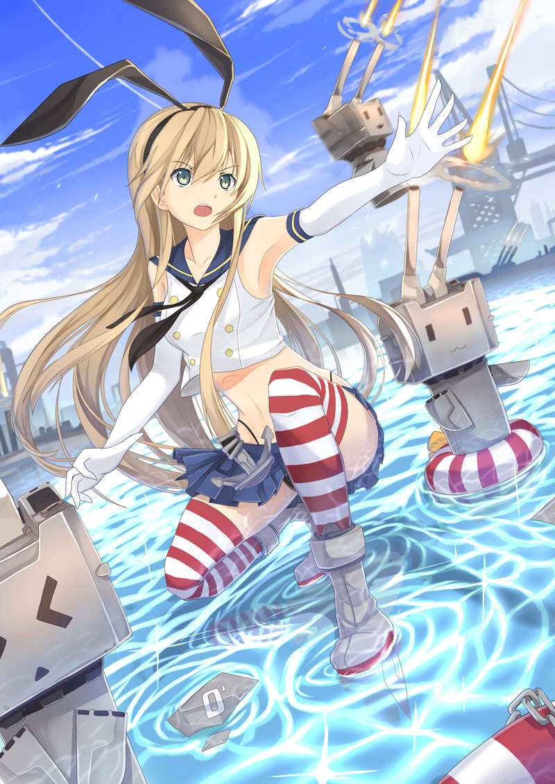 anchor black_panties blonde_hair boots dutch_angle elbow_gloves gloves green_eyes grey_footwear hairband kantai_collection lifebuoy long_hair midriff navel open_mouth panties rensouhou-chan rizky_(strated) shimakaze_(kantai_collection) skirt squatting standing standing_on_liquid striped striped_legwear thighhighs underwear water