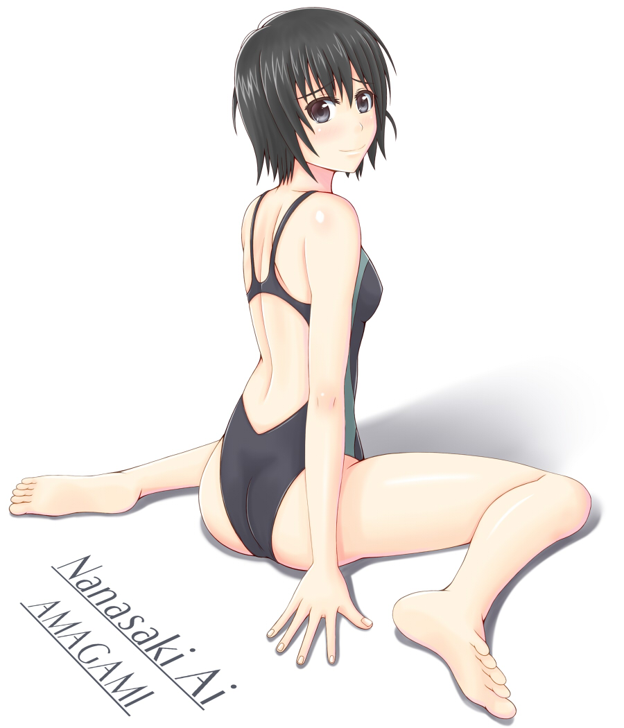 amagami bad_id bad_pixiv_id barefoot black_eyes black_hair character_name competition_swimsuit copyright_name feet from_behind looking_back nanasaki_ai one-piece_swimsuit sano_souichi short_hair simple_background sitting smile soles solo swimsuit toes wariza white_background
