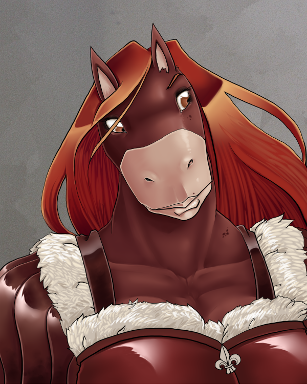 breasts brown_eyes clothed clothing equine farkhan female fleur-de-lis hair horse mammal red_hair solo