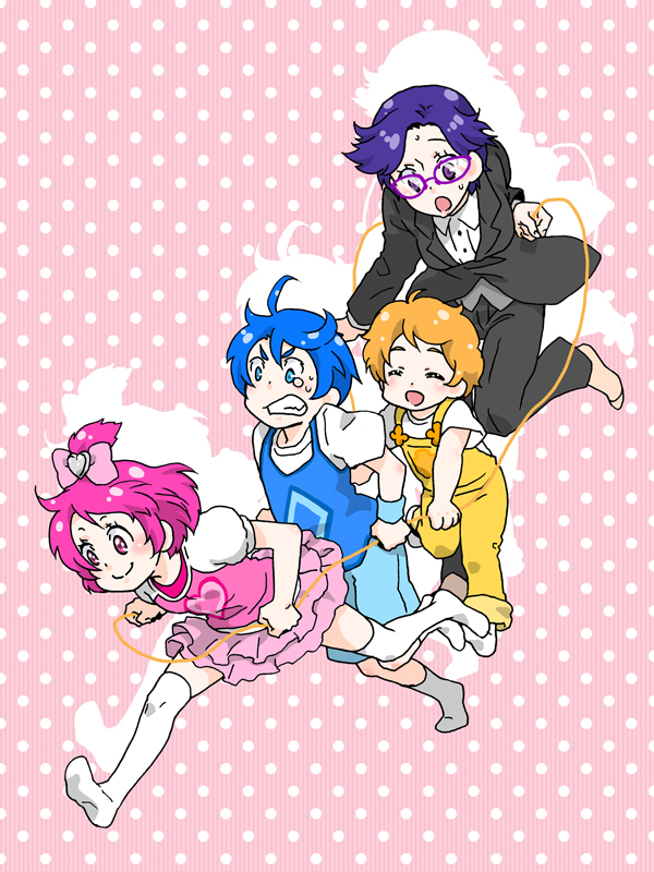 2girls :d blue_eyes blue_hair bow child chimu_(chimoon) clenched_teeth closed_eyes davi_(dokidoki!_precure) db_(dokidoki!_precure) dokidoki!_precure formal glasses multiple_boys multiple_girls open_mouth orange_hair pant_suit personification pink_bow pink_eyes pink_hair polka_dot polka_dot_background precure purple_eyes purple_hair rakeru_(dokidoki!_precure) rakeru_(dokidoki!_precure)_(human) rance_(dokidoki!_precure) rance_(dokidoki!_precure)_(human) running shadow sharuru_(dokidoki!_precure) sharuru_(dokidoki!_precure)_(human) short_hair smile suit tears teeth
