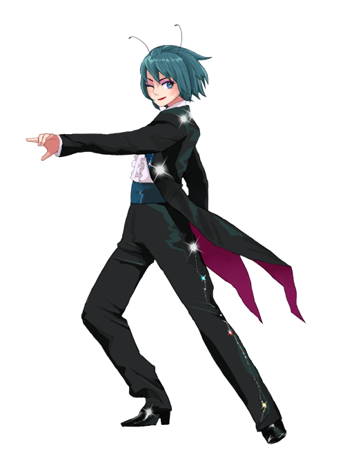 androgynous antennae eyeshadow formal fu_(mushibun) green_hair makeup pant_suit reverse_trap short_hair solo suit touhou tuxedo wriggle_nightbug