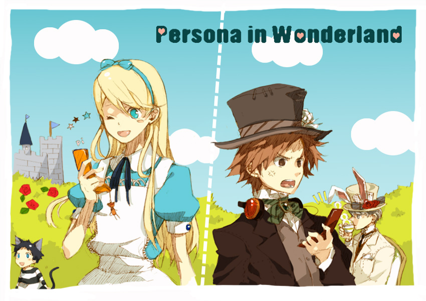 3boys alice_(wonderland) alice_(wonderland)_(cosplay) alice_in_wonderland angry animal_ears apron aqua_eyes bad_id bad_pixiv_id black_hair blazer blonde_hair blush bow bowtie brick brooch brown_eyes brown_hair bunny_ears buttons card castle cat_ears cat_tail cellphone cellphone_charm chair cheshire_cat cheshire_cat_(cosplay) cloud cosplay crossdressing cup dress dress_shirt flag flower formal frills garden grey_eyes hairband hanamura_yousuke hands happy hat headband headphones headphones_around_neck heart houhou_(black_lack) jacket jewelry kuma_(persona_4) long_hair mad_hatter mad_hatter_(cosplay) march_hare multiple_boys narukami_yuu neck necktie one_eye_closed open_mouth otoko_no_ko parody pastels persona persona_3 persona_4 pharos phone ribbon rose shirt short_hair silver_hair sky smile star steam stitching striped suit tail tea teacup text_focus texting tongue top_hat tower vest white_rabbit white_rabbit_(cosplay)
