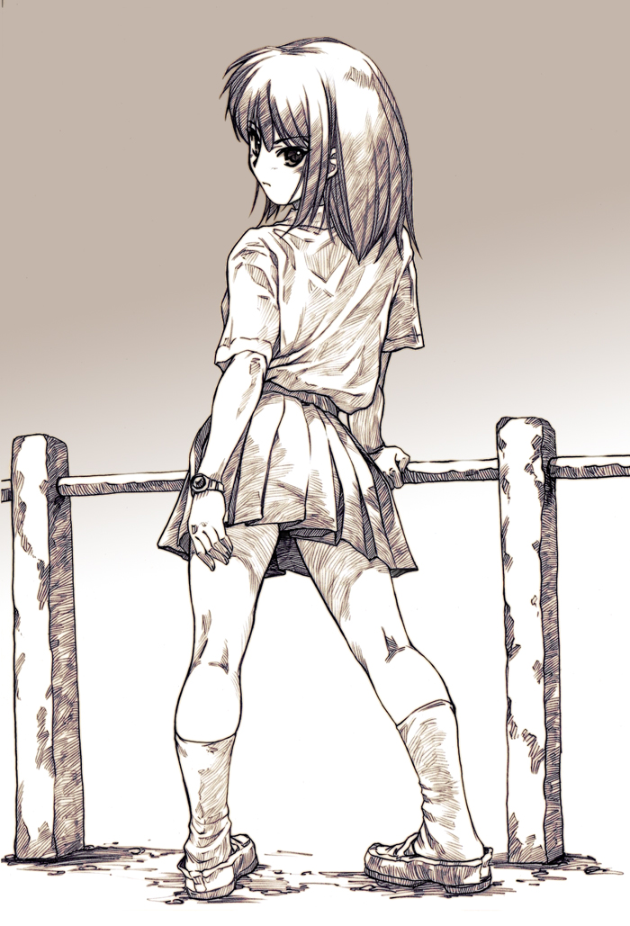 fence hisahiko long_hair looking_back monochrome original school_uniform sepia solo watch