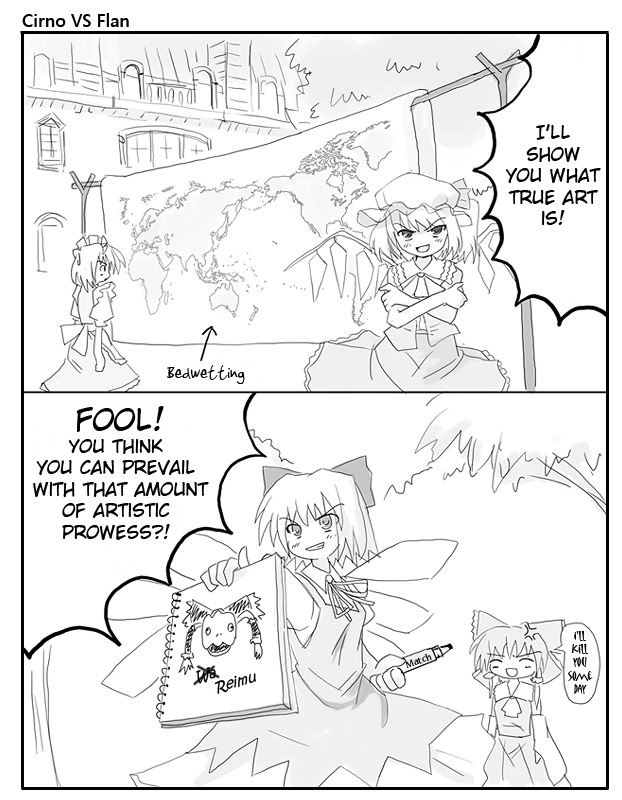 :d ^_^ anger_vein artist_request bedwetting cirno closed_eyes clothesline comic crossed_arms flandre_scarlet greyscale grin hakurei_reimu hard_translated hat izayoi_sakuya map marker monochrome multiple_girls notebook okaasan_to_issho open_mouth ribbon scarlet_devil_mansion short_hair smile spoo sweatdrop touhou translated v-shaped_eyebrows wide_face wings world_map