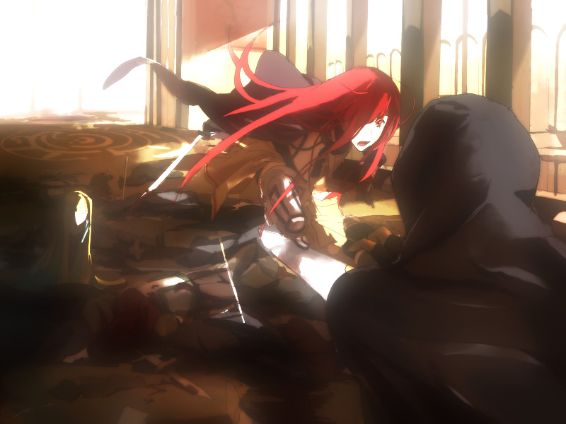bad_id bad_pixiv_id battle blood death duel hair_over_one_eye hood knight light long_hair medieval multiple_girls original red_eyes red_hair sword tanu weapon