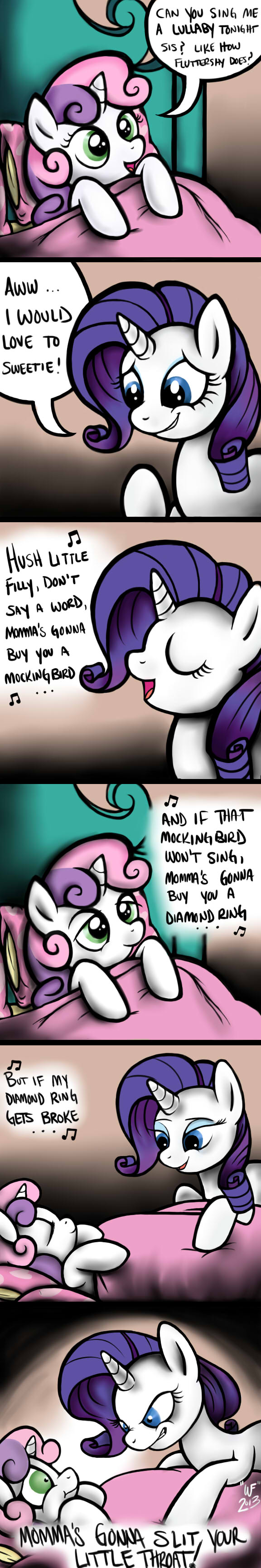 bed blue_eyes dialog duo english_text equine eyes_closed eyeshadow female feral friendship_is_magic fur green_eyes grin hair half-closed_eyes horn horse inside makeup mammal my_little_pony pillow pony purple_hair rarity_(mlp) singing sweetie_belle_(mlp) text two_tone_hair unicorn white_fur wolverfox