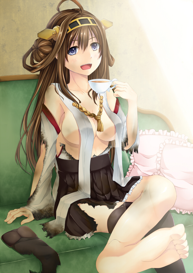 ahoge bad_anatomy blue_eyes breasts brown_hair creek_(moon-sky) cup double_bun hair_ornament hairband headgear japanese_clothes kantai_collection kongou_(kantai_collection) long_hair medium_breasts nontraditional_miko open_mouth single_thighhigh sitting solo teacup thighhighs thighhighs_removed torn_clothes