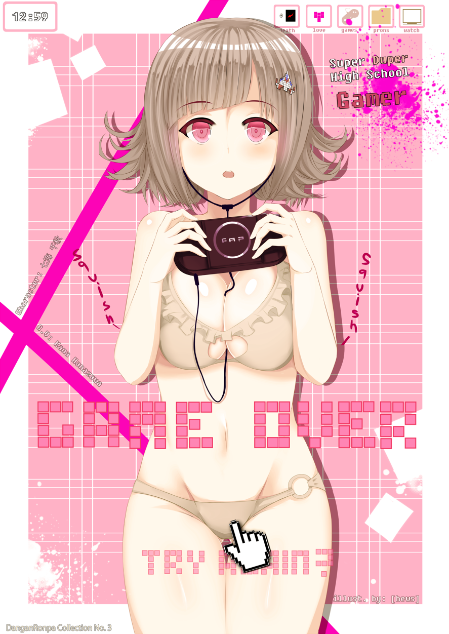 artist_name bangs between_breasts blunt_bangs blush bra breast_squeeze breasts brown_hair character_name cleavage_cutout clock commentary cowboy_shot cursor danganronpa earphones english flipped_hair frilled_bra frills hair_ornament hairclip handheld_game_console hews_hack highres holding large_breasts looking_at_viewer nanami_chiaki navel open_mouth panties parted_lips pink_background pink_eyes playstation_portable ringed_eyes shiny shiny_skin short_hair solo super_danganronpa_2 thigh_gap underwear underwear_only