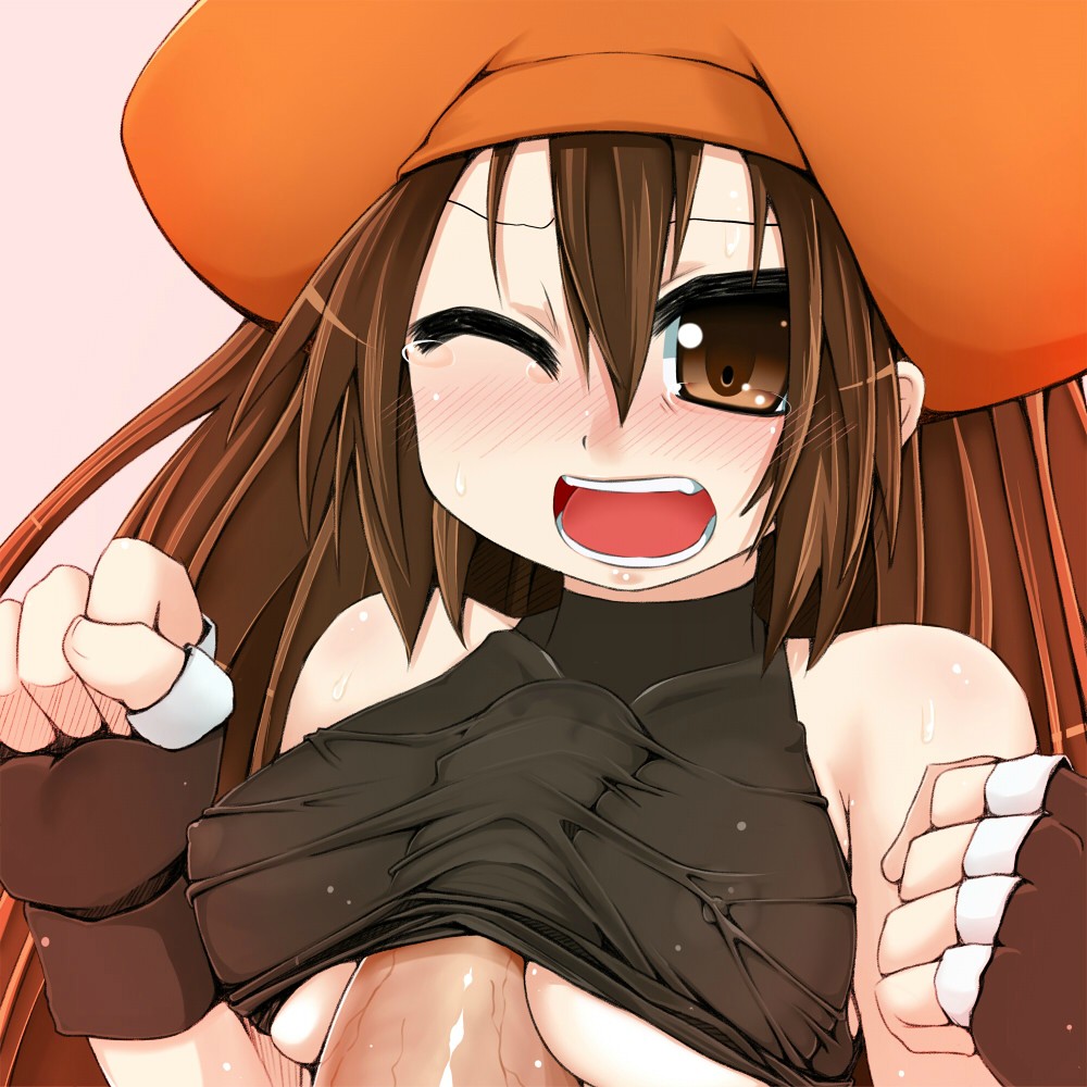 blush breasts brown_eyes brown_hair covered_nipples gloves guilty_gear hat long_hair may_(guilty_gear) medium_breasts one_eye_closed open_mouth orange_hat paizuri paizuri_under_clothes penis pirate pirate_hat ponkotsu solo_focus