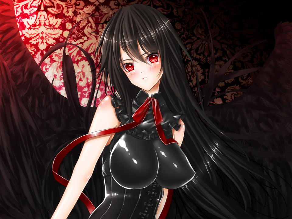 alternate_costume black_hair blush breasts frown hato_(full7) large_breasts long_hair md5_mismatch red_eyes reiuji_utsuho solo touhou wings